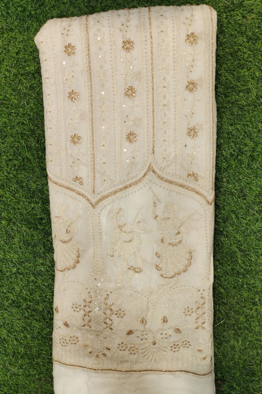 White Lakhnavi Fabric With Geo Lakhnavi Panel Work