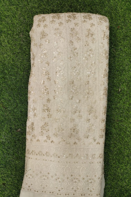 White Lakhnavi Fabric With Geo Lakhnavi Panel Work