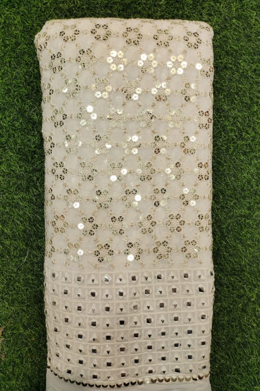 White Lakhnavi Fabric With Geo Lakhnavi Panel Work