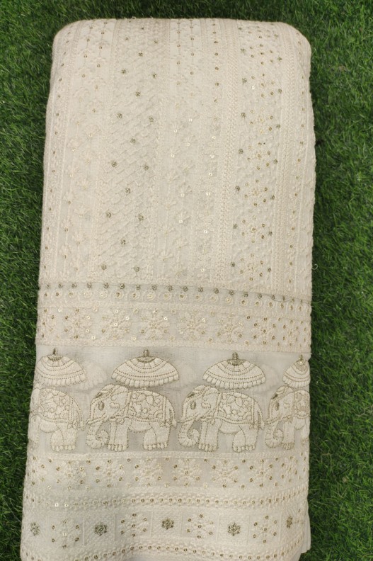 White Lakhnavi Fabric With Geo Lakhnavi Panel Work