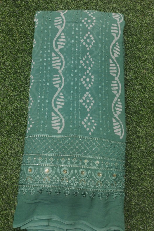 Teal Green Lakhnavi Fabric With Geo Lakhnavi With Batik Work