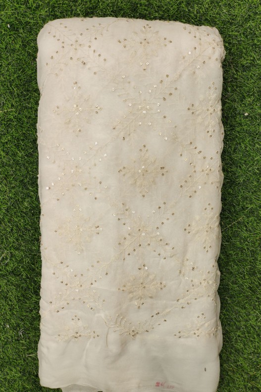 White Lakhnavi Fabric With Geo Lakhnavi Work