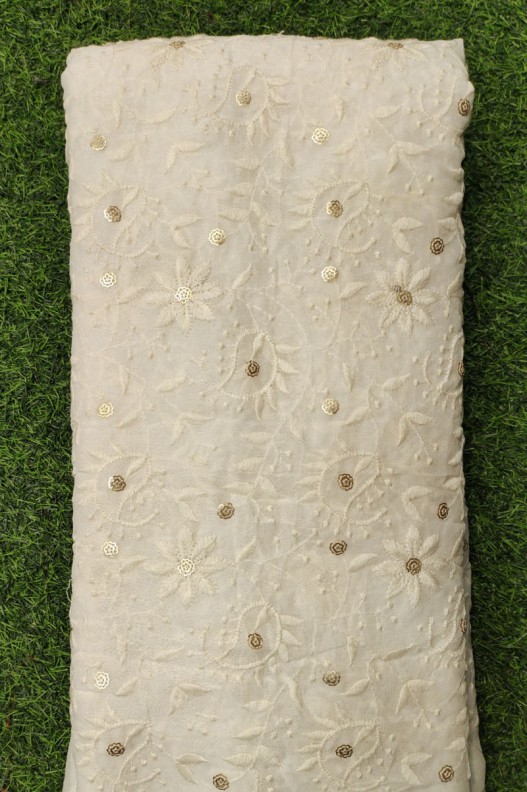 White Lakhnavi Fabric With Geo Lakhnavi Work