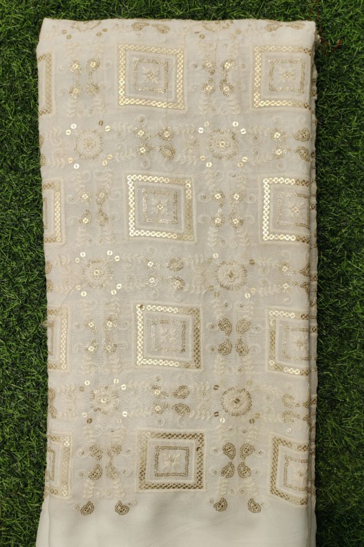 White Lakhnavi Fabric With Geo Lakhnavi Work