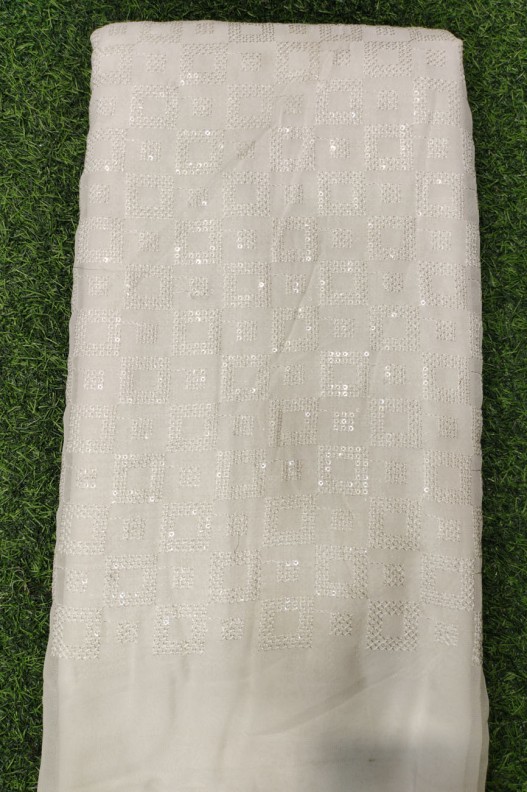 White Lakhnavi Fabric With Geo Lakhnavi Work