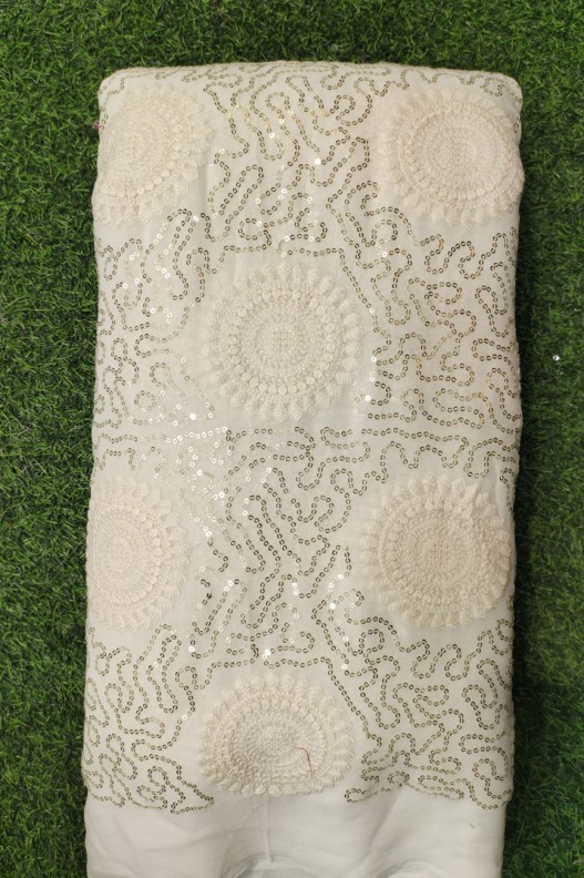 White Lakhnavi Fabric With Geo Lakhnavi Work