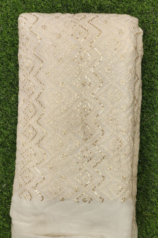 White Lakhnavi Fabric With Geo Lakhnavi Work