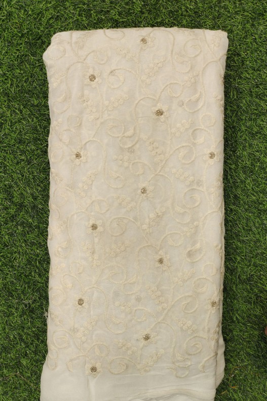 White Lakhnavi Fabric With Geo Lakhnavi Work