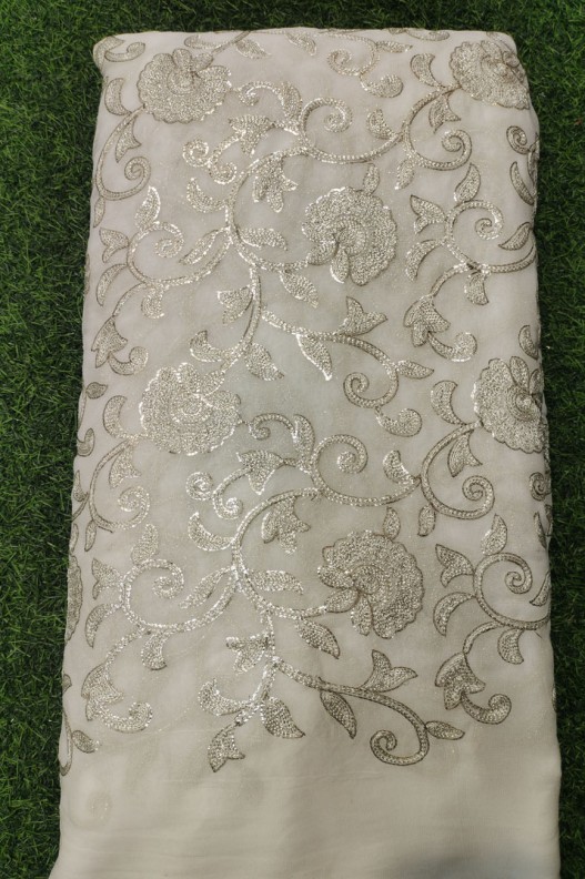 White Lakhnavi Fabric With Geo Lakhnavi Work