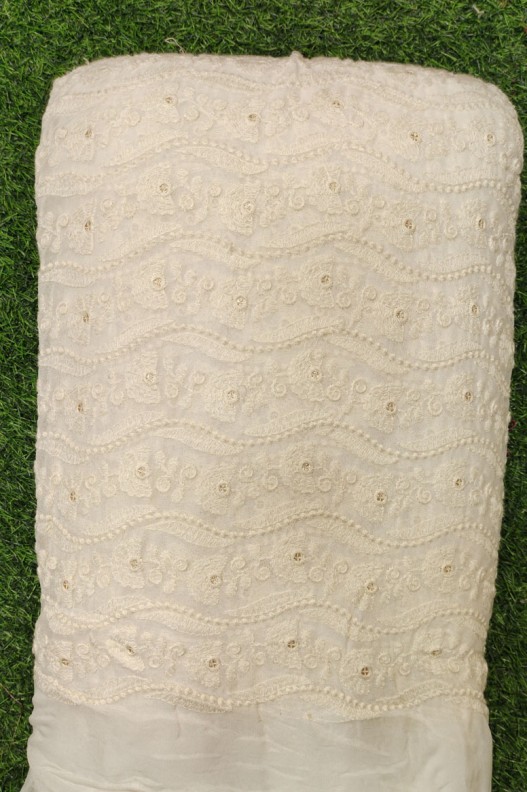 White Lakhnavi Fabric With Geo Lakhnavi Work