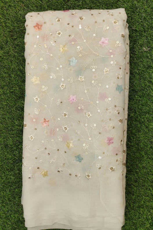 White Lakhnavi Fabric With Geo Lakhnavi Work