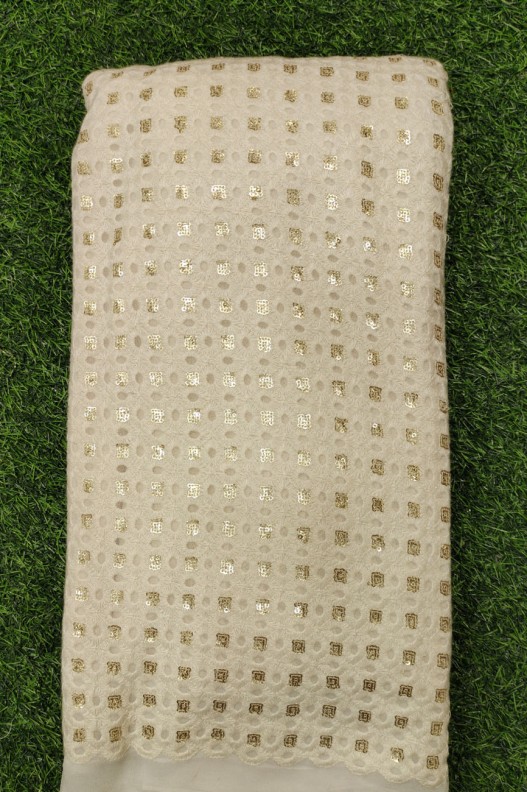 White Lakhnavi Fabric With Geo Lakhnavi Work