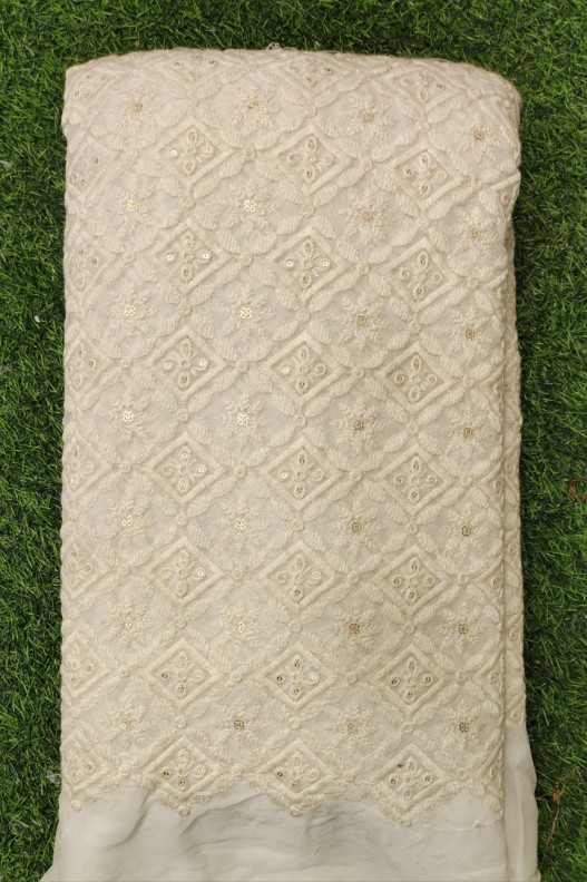 White Lakhnavi Fabric With Geo Lakhnavi Work