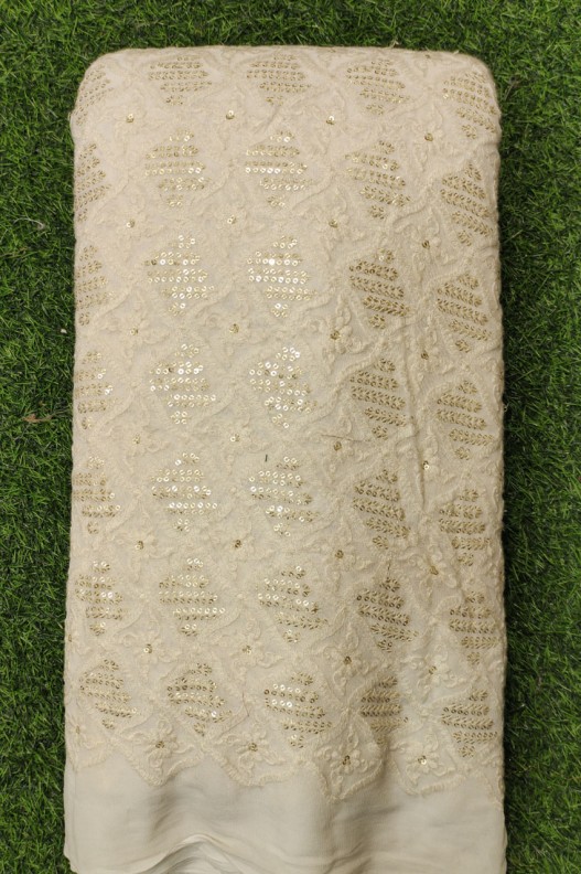 White Lakhnavi Fabric With Geo Lakhnavi Work