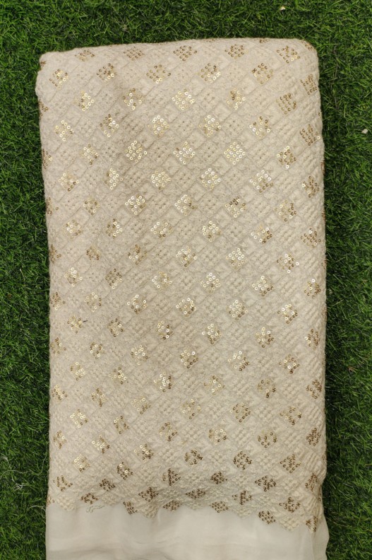 White Lakhnavi Fabric With Geo Lakhnavi Work