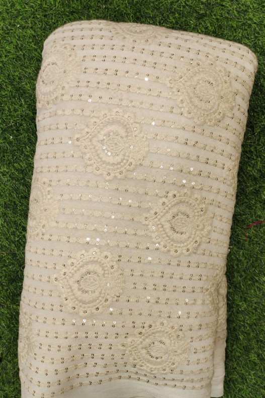 White Lakhnavi Fabric With Geo Lakhnavi Work