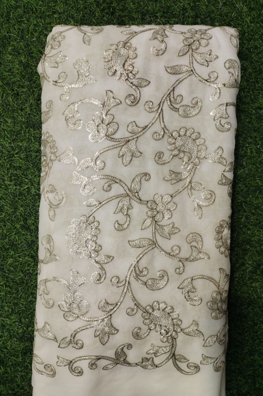 White Lakhnavi Fabric With Geo Lakhnavi Work