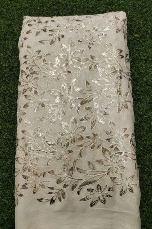 White Lakhnavi Fabric With Geo Lakhnavi Work