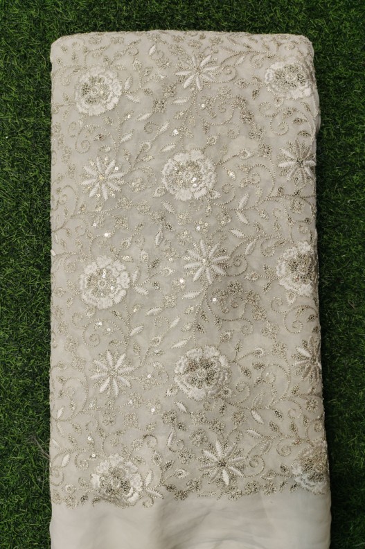 White Lakhnavi Fabric With Geo Lakhnavi Work
