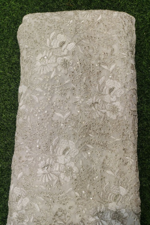 White Lakhnavi Fabric With Geo Lakhnavi Work
