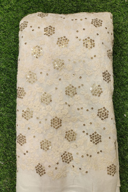 White Lakhnavi Fabric With Geo Lakhnavi Work