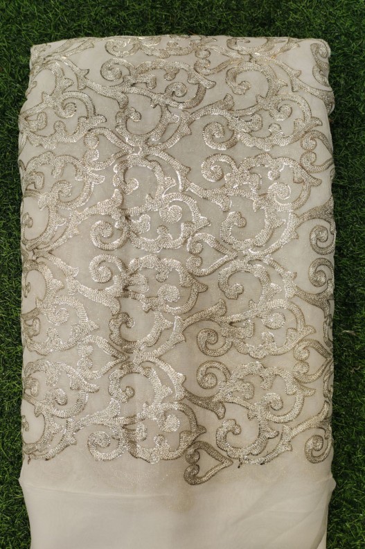 White Lakhnavi Fabric With Geo Lakhnavi Work