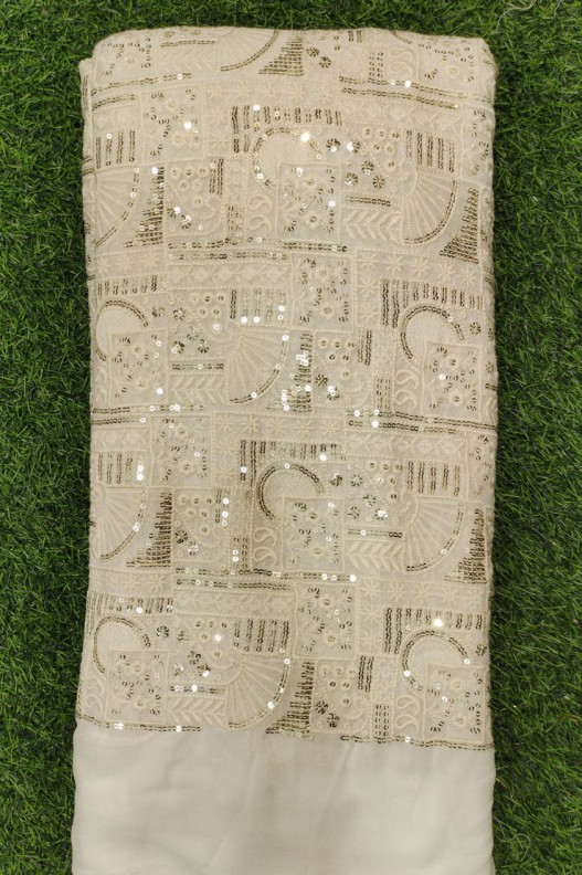 White Lakhnavi Fabric With Geo Lakhnavi Work