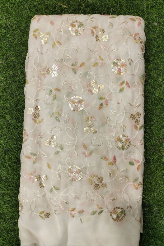 White Lakhnavi Fabric With Geo Lakhnavi Work