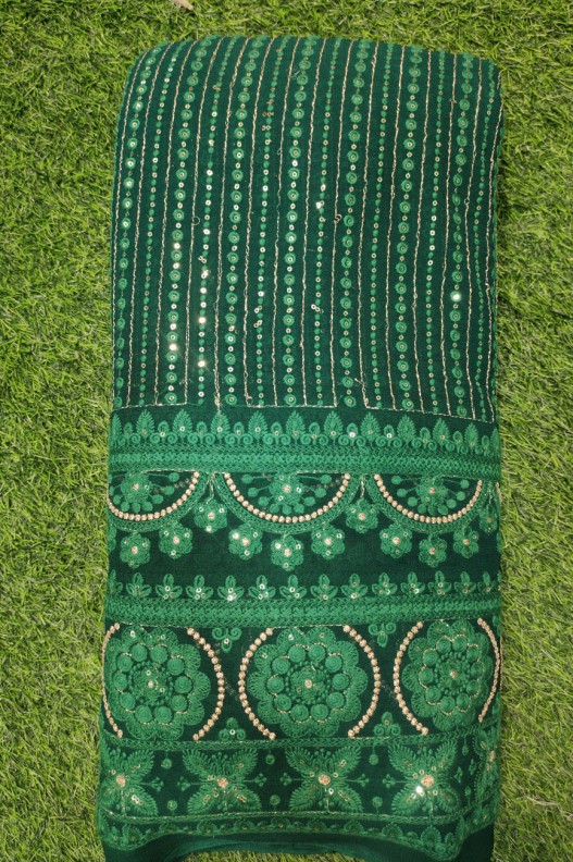 Dark Green Lakhnavi Fabric With Color Panel Lakhnavi Work