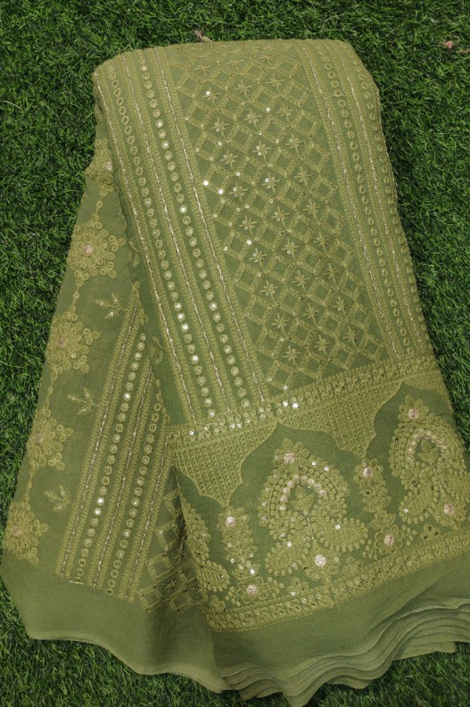 Green Lakhnavi Fabric With Color Panel Lakhnavi Work