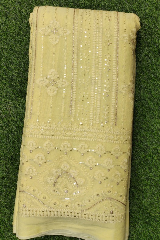 Yellow Lakhnavi Fabric With Color Panel Lakhnavi Work