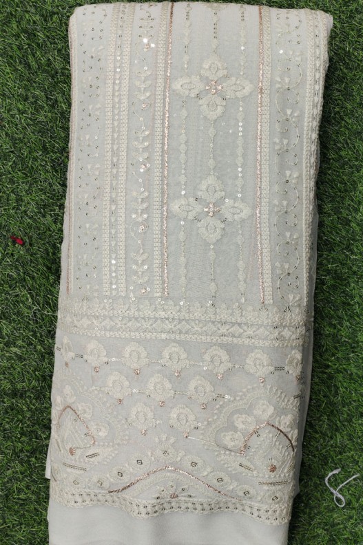 Light Gray Lakhnavi Fabric With Color Panel Lakhnavi Work