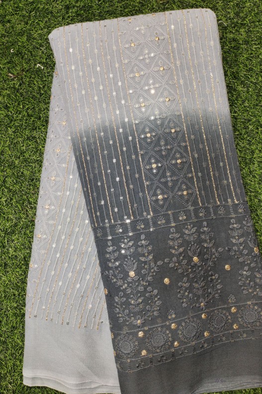 Gray Lakhnavi Fabric With Color Panel Lakhnavi Work