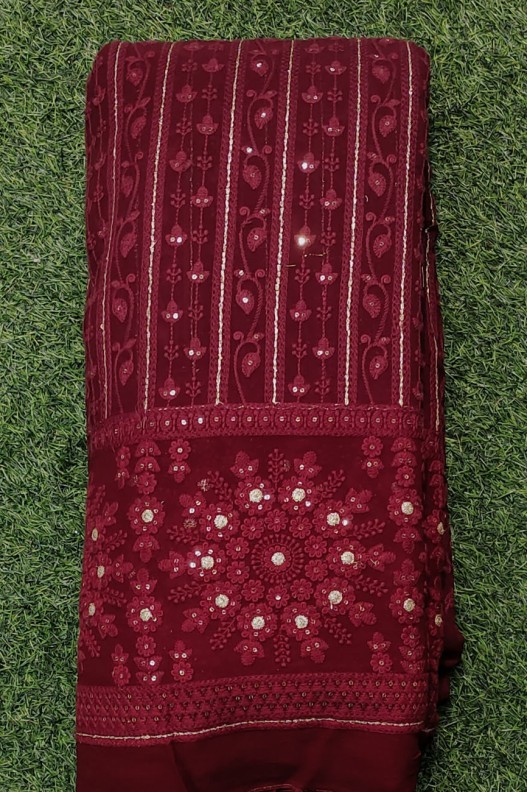 Burgundy Lakhnavi Fabric With Color Panel Lakhnavi Work