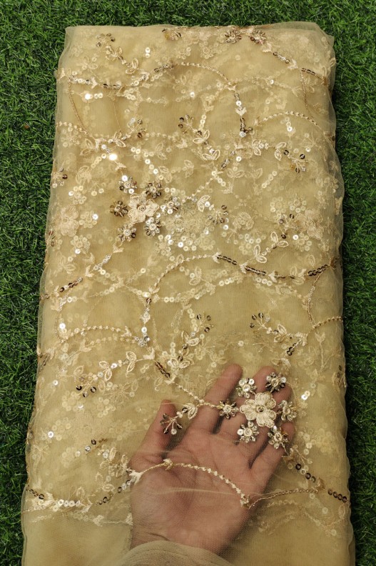 Yellow Net Fabric With Net Wok