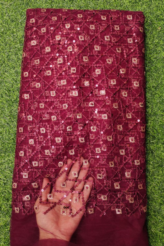 Maroon Net Fabric With Net Wok