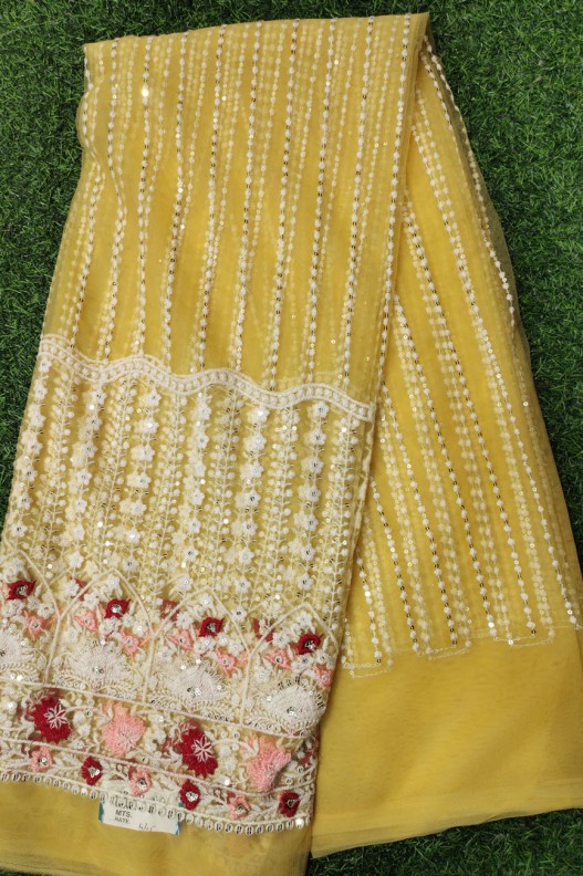 Yellow Net Fabric With Net Wok