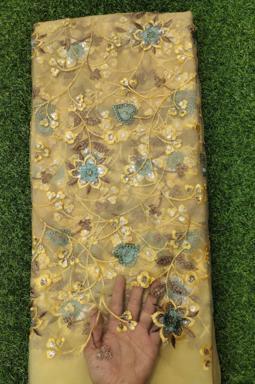 Yellow Net Fabric With Net Wok