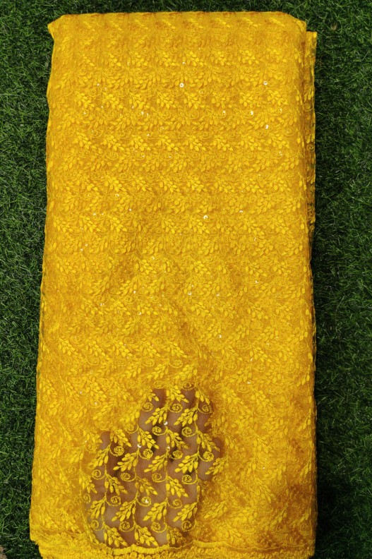 Yellow Net Fabric With Net Wok