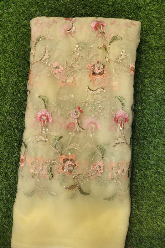 Light Yellow Net Fabric With Net Multi Work