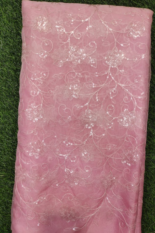 Lustry Pink Organza Fabric With Organza Work