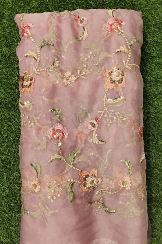 Dusty Rose Organza Fabric With Organza Multi Work