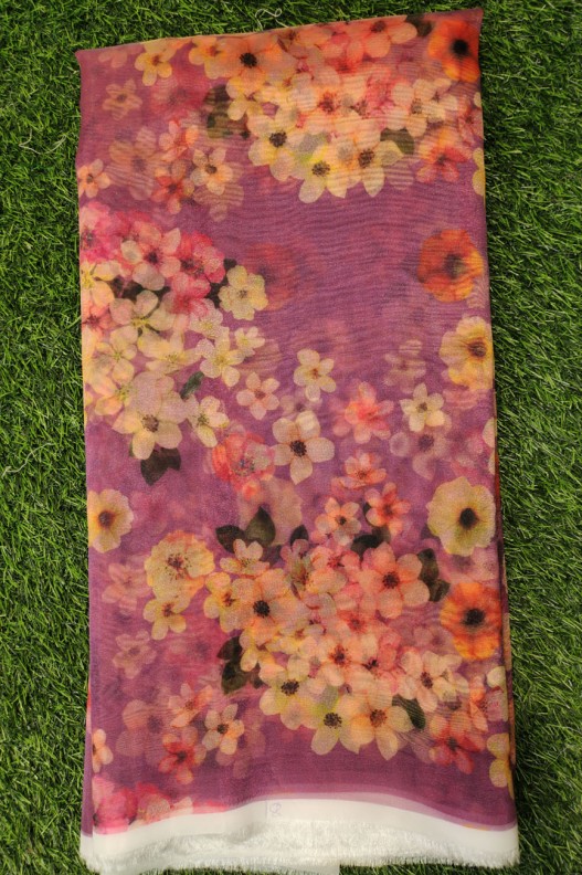 Burguncy Color Organza Fabric With Organza Print