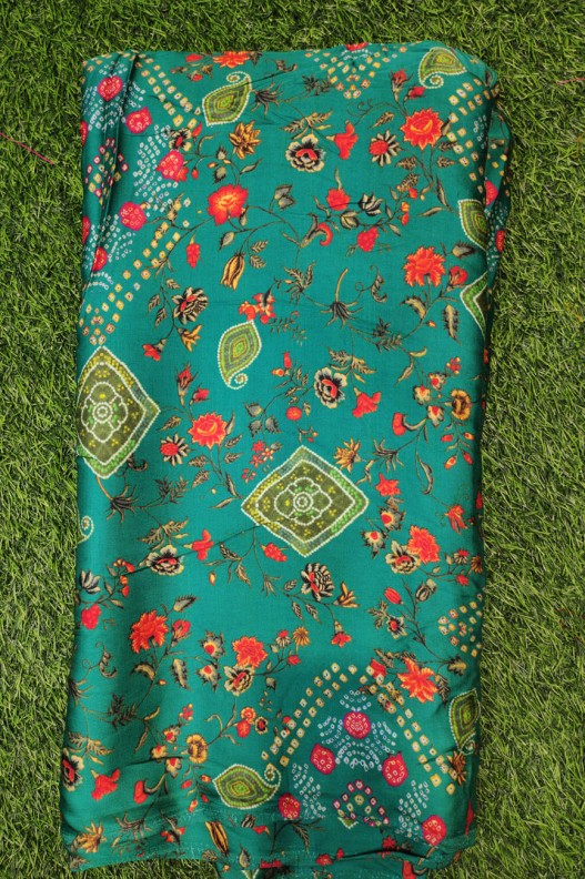 Teal Green Satin Fabric With Wonderful Modal Print