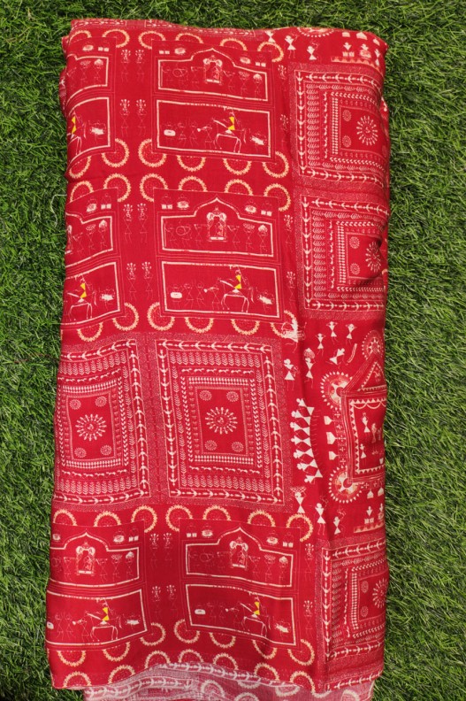 Wonderful Red Satin Fabric With Modal Print