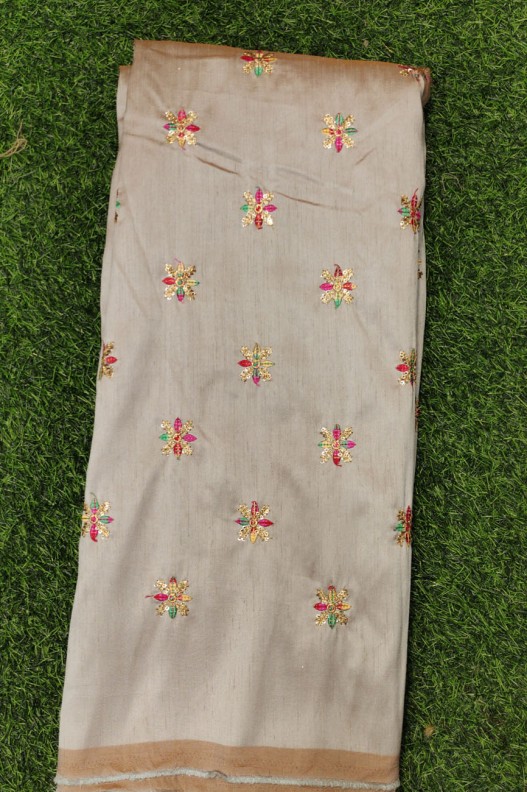 Craftydying Khaki Color Silk Fabric With Silk Work