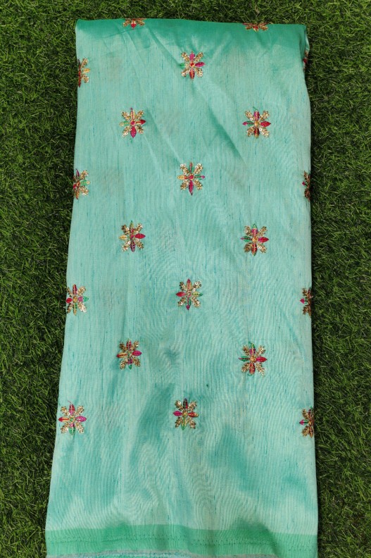 Astonishing Aquamarine Color Silk Fabric With Silk Work