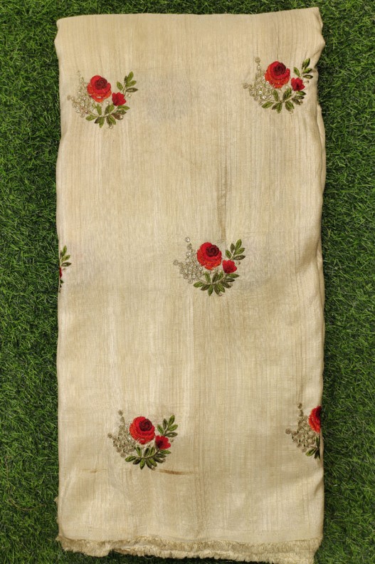 Tan Brown Silk Fabric With Silk Work