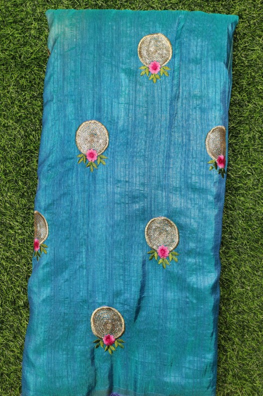 Shiny Blue Silk Fabric With Silk Work