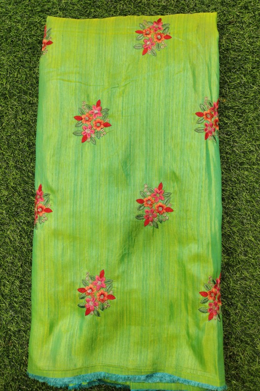 Wonderful Parrot Green Silk Fabric With Silk Work